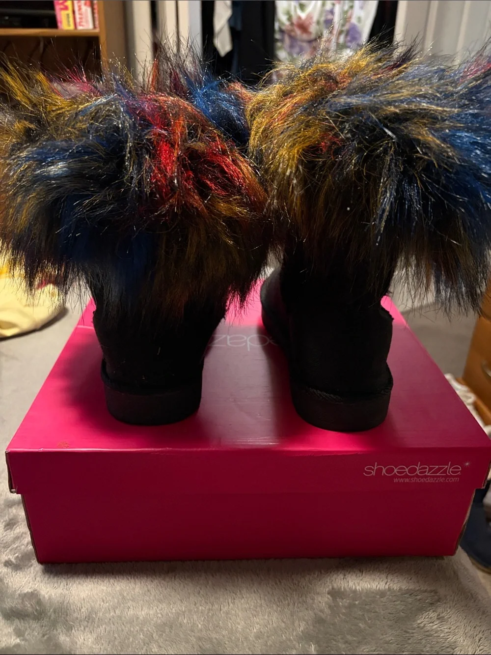 Shoe Dazzle Kids Black Boots with Multicolor Faux Fur Cuff